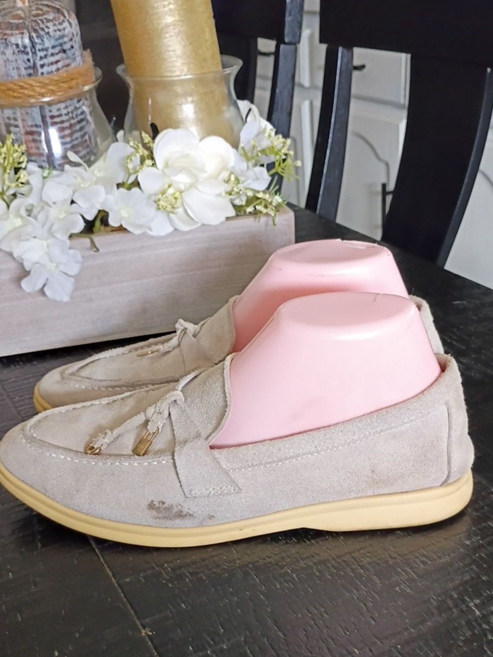 Loro Piana Light Taupe Suede Loafer with Gold Accents